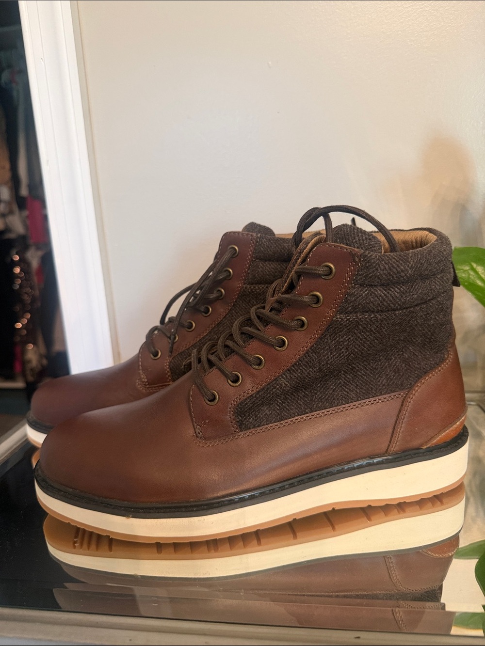 Express Brown Leather and Dark Fabric Lace-Up Men's Boots